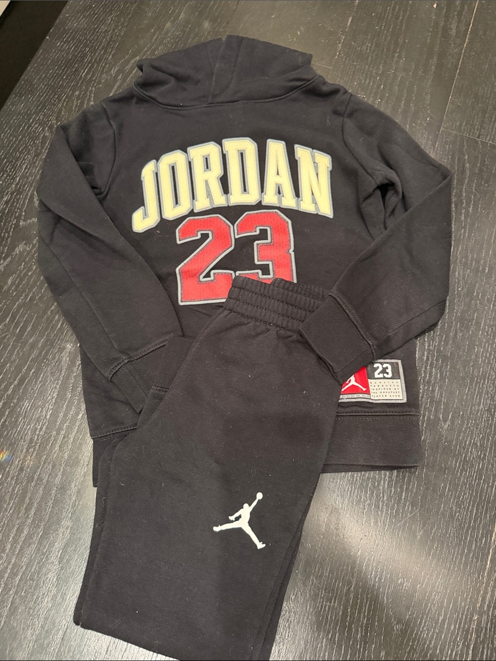 Jordan Black Hoodie & Sweatpants Set with Yellow Logo and Red 23